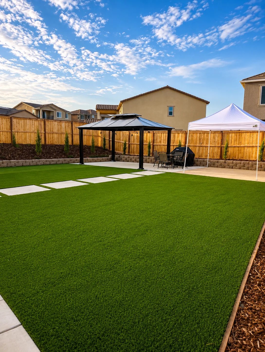 Low-water landscape with lush green outdoor living area