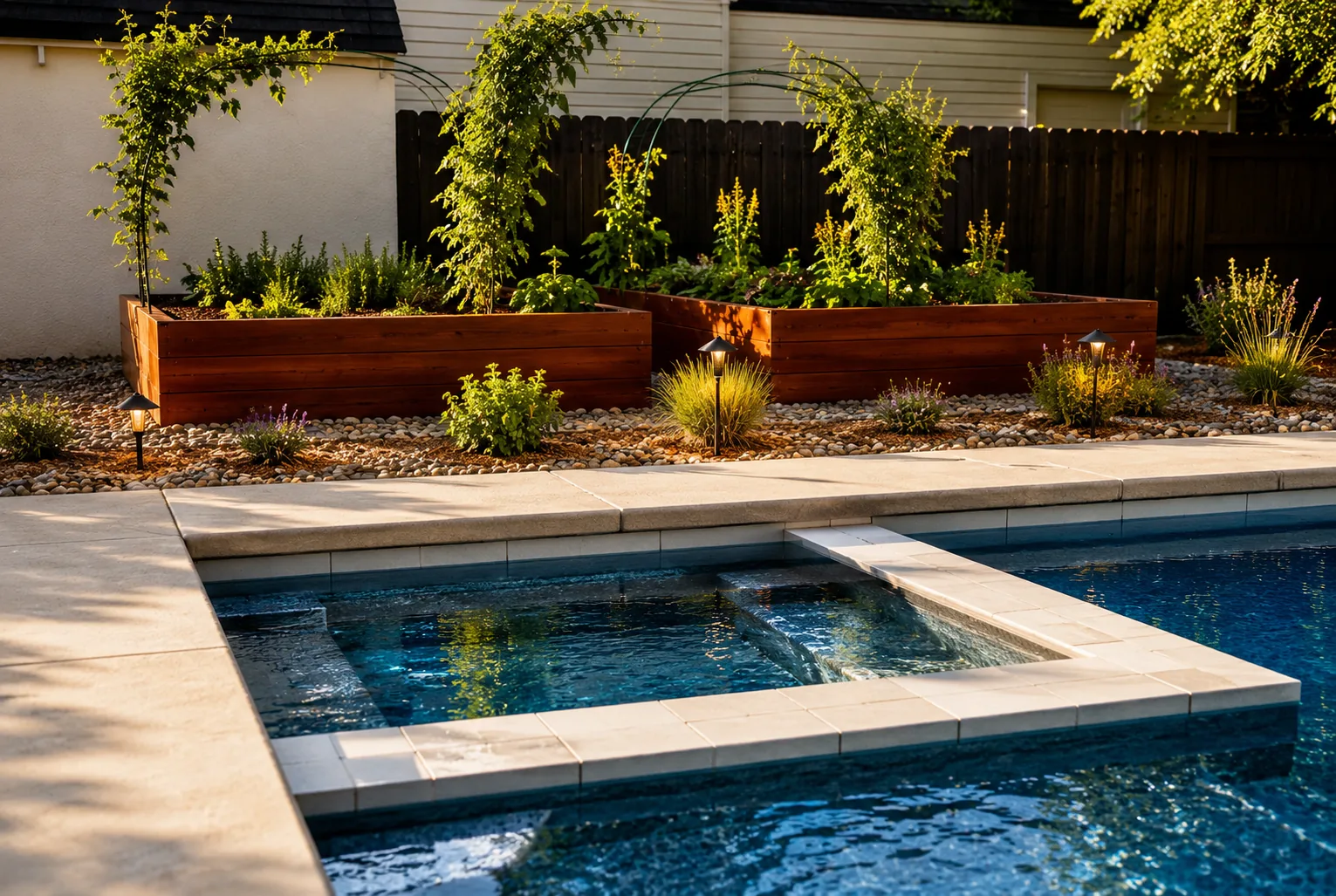 Poolside raised planter beds and backyard landscaping